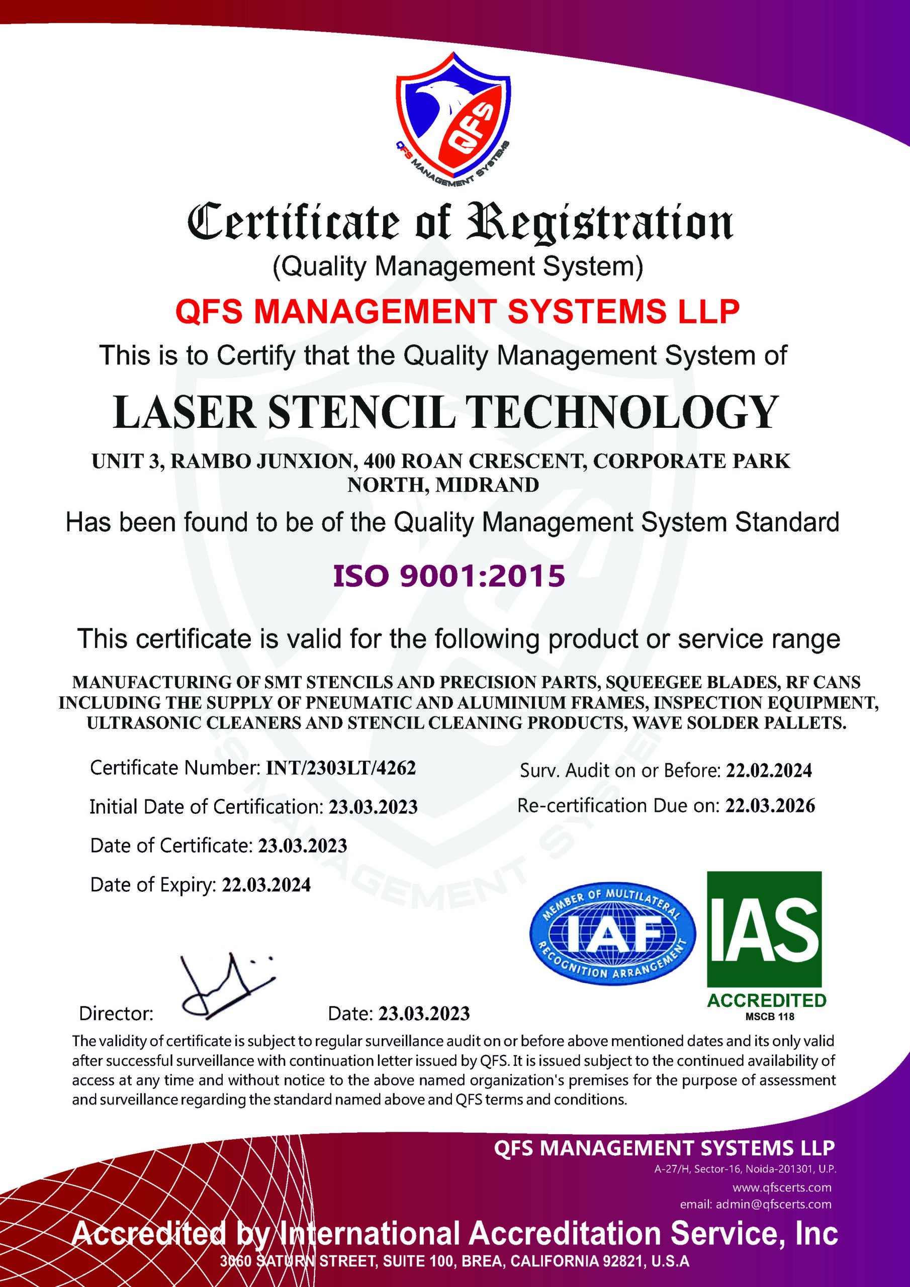 LSTEC ISO Certificate — Laser Stencil Technology